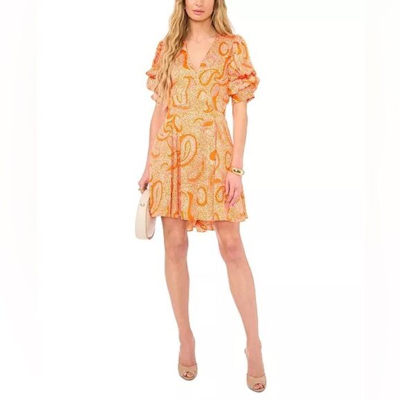 NEW 1.STATE Printed V-Neck Tiered Bubble Puff Sleeve Mini Dress Orange Size XS - Picture 3 of 11